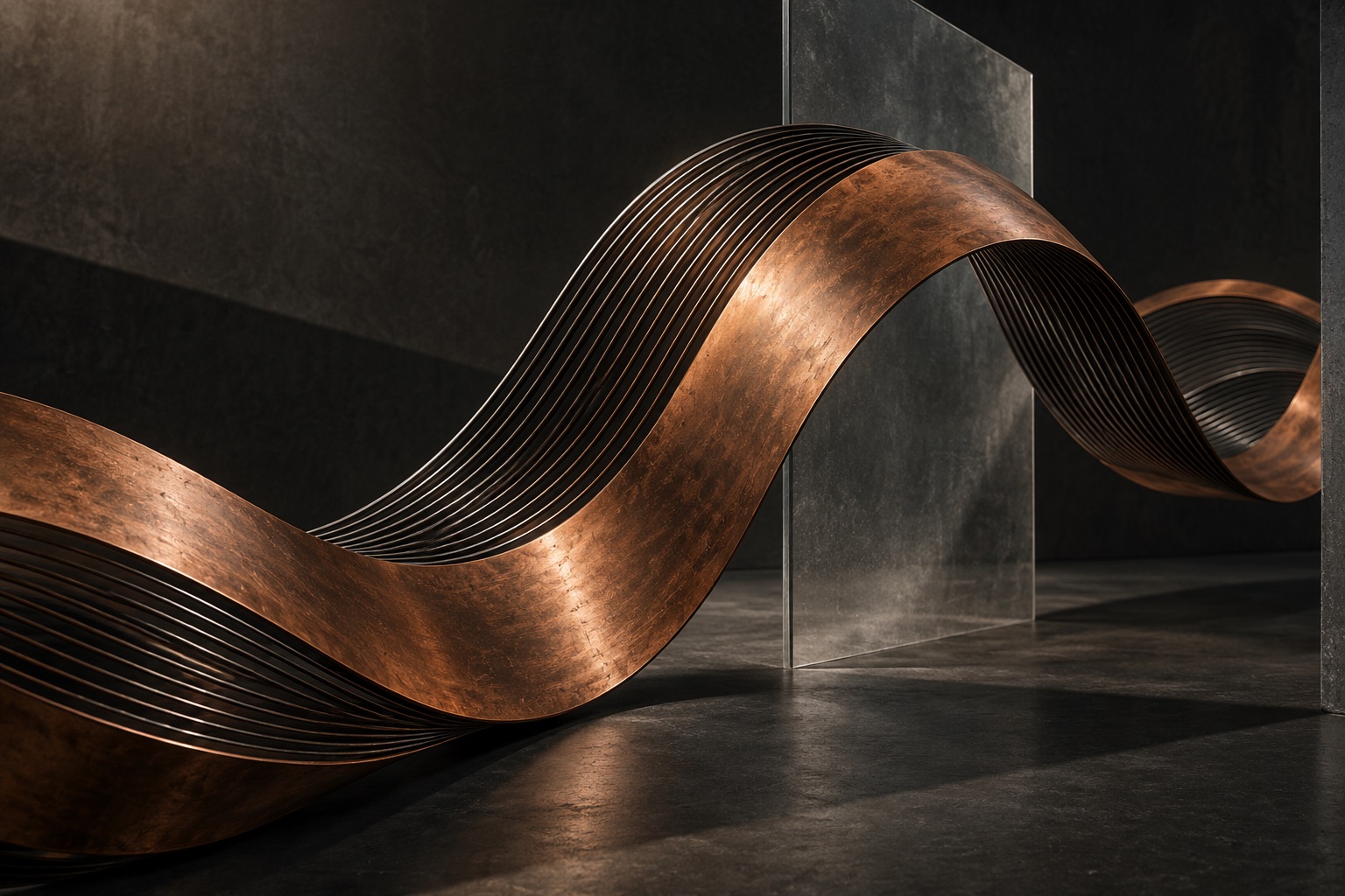 An original abstract composition of layered copper ribbons and smoked glass, evoking sound and structure.
